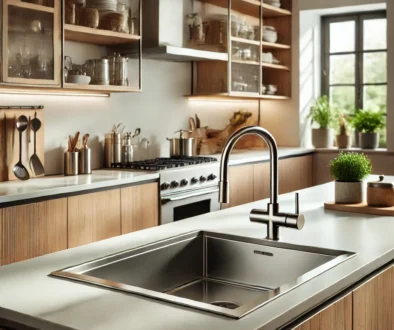 DALL·E 2024-09-21 22.38.42 - A modern kitchen featuring a central stainless steel sink with a sleek faucet. The sink is set into a white quartz countertop, surrounded by natural w