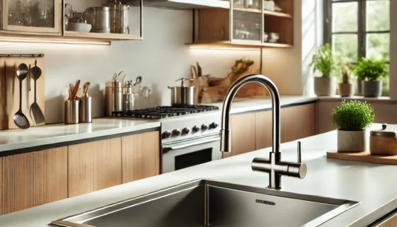 DALL·E 2024-09-21 22.38.42 - A modern kitchen featuring a central stainless steel sink with a sleek faucet. The sink is set into a white quartz countertop, surrounded by natural w